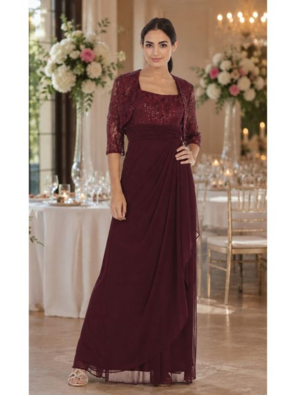 Clearance Burgundy Long Mother Of The Bride Lace Chiffon Jacket Dress By 3094